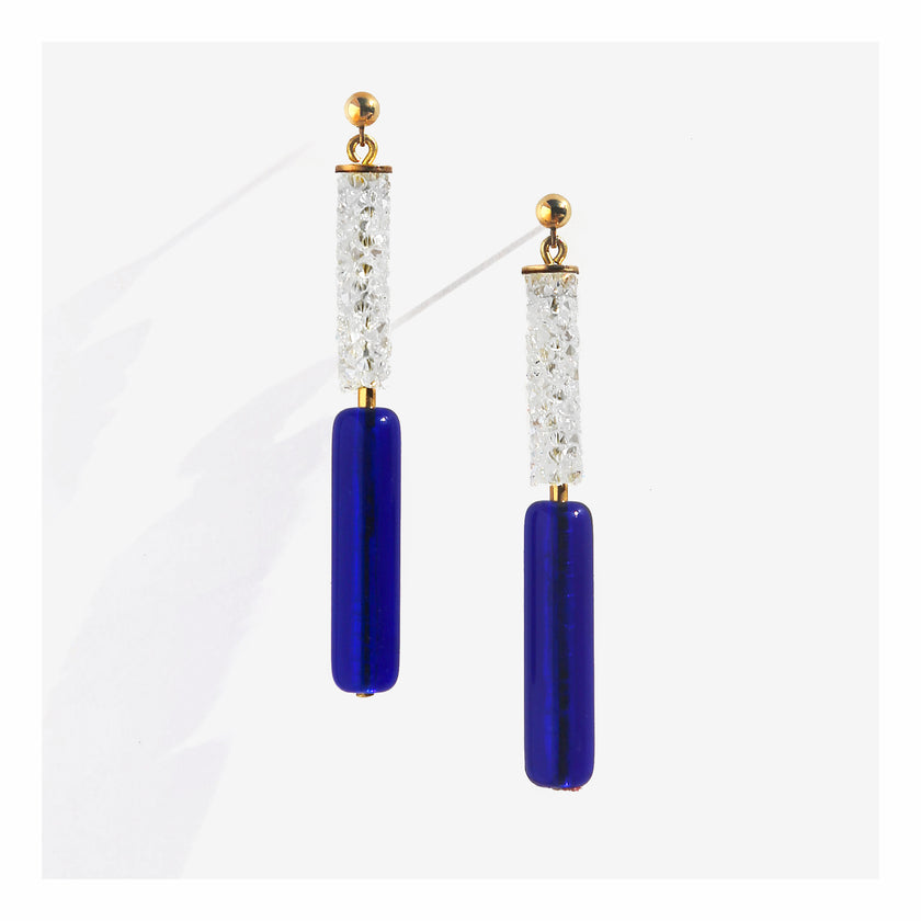 Long Electric blue crystal column New Wave earrings.