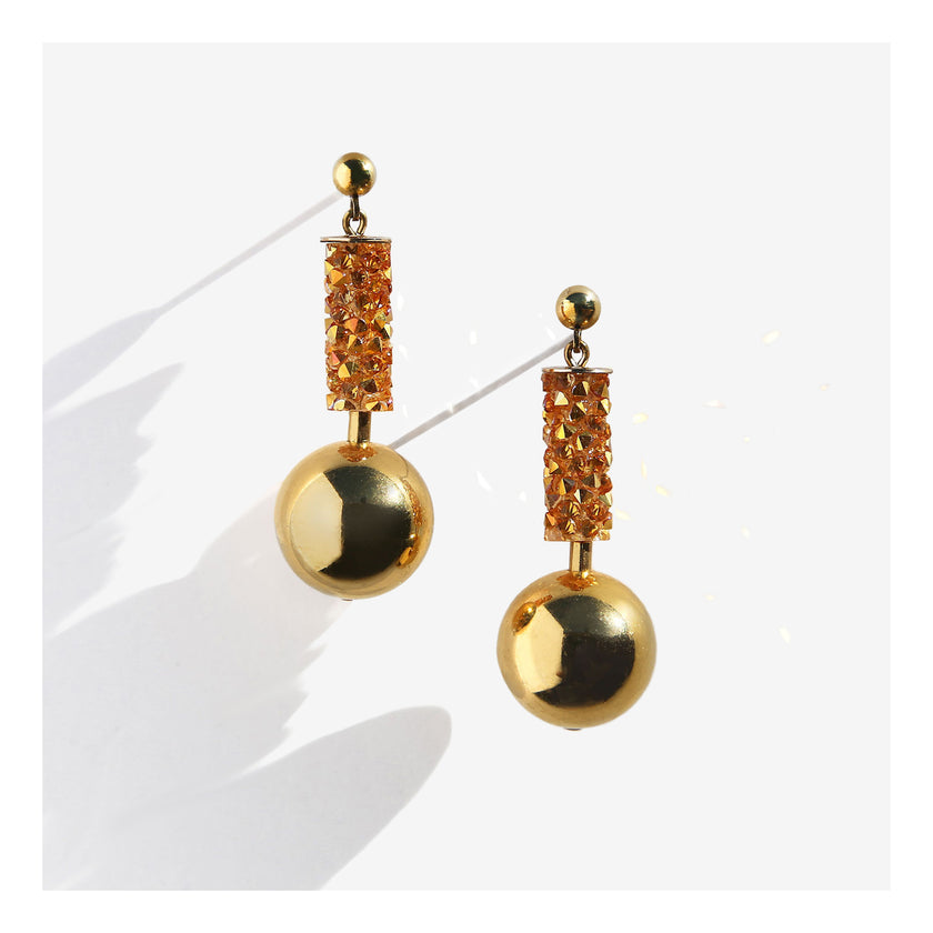 Golden crystal tube and gold ball drop earrings