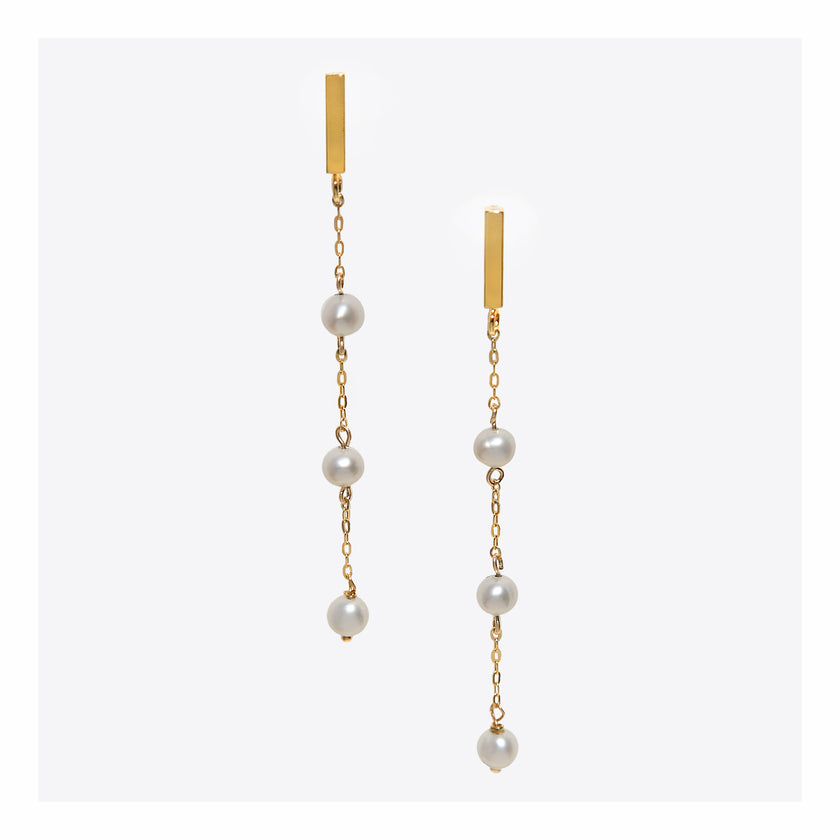 Gold bar triple pearl dangle earrings