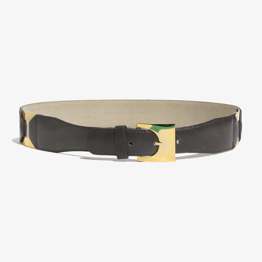 Vintage 60's Space Age Leather Belt with Gold Geometric Futuristic Accents