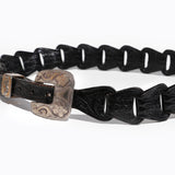Vintage Tony Lama Black Leather Tooled Link Belt with Ornate Silver Buckle & Tip