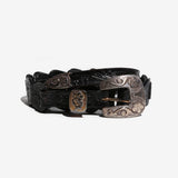 Vintage Tony Lama Black Leather Tooled Link Belt with Ornate Silver Buckle & Tip