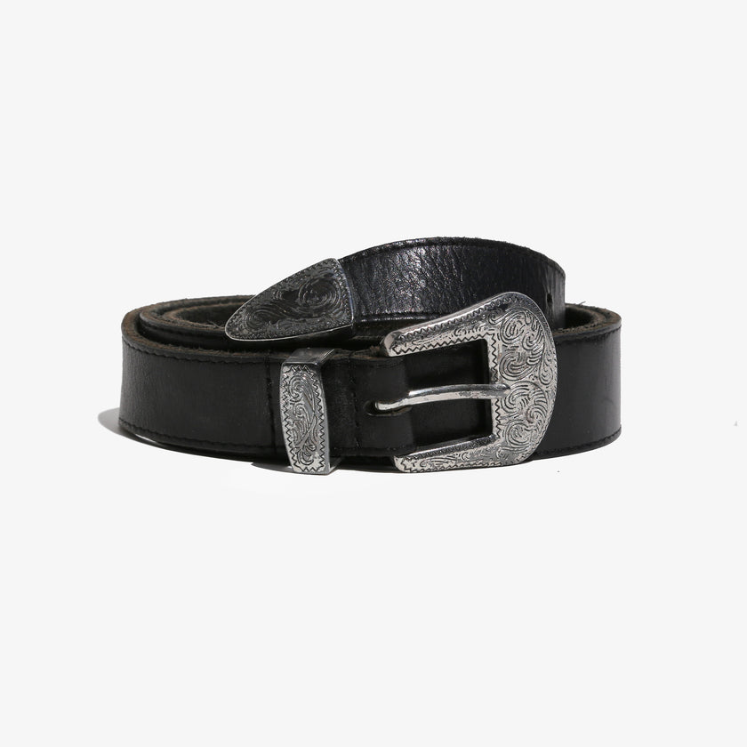 Vintage Southwestern Black Leather Belt with Silver Tip & Ornate Buckle