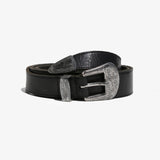 Vintage Southwestern Black Leather Belt with Silver Tip & Ornate Buckle