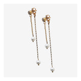 Delicate double chain pearl drop earrings.