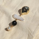 Gold black and white biwa pearl statement earrings.