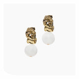 Crumpled gold stud and white mountain jade drop earrings.