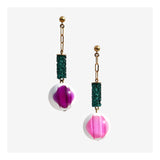 Green crystal column earrings with purple orb drop.