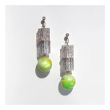 Lucite column mid century earrings with lime green orb.