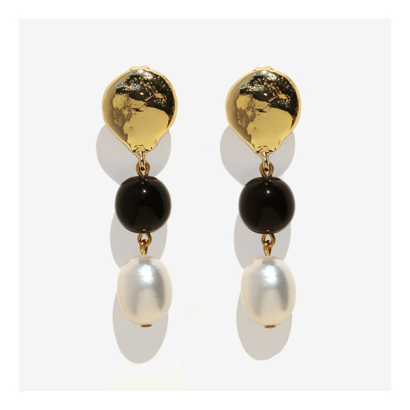 Gold black white triple drop pearl earrings.