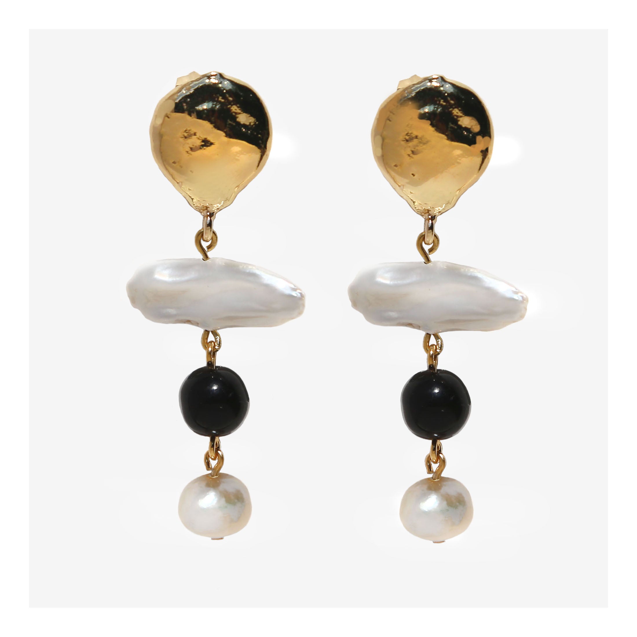 Gold black and white biwa pearl statement earrings.