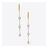 Gold bar triple pearl dangle earrings