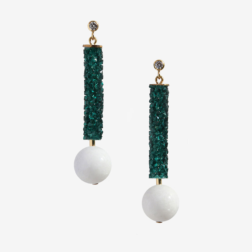 Emerald green long crystal column earrings with moonstone ball.