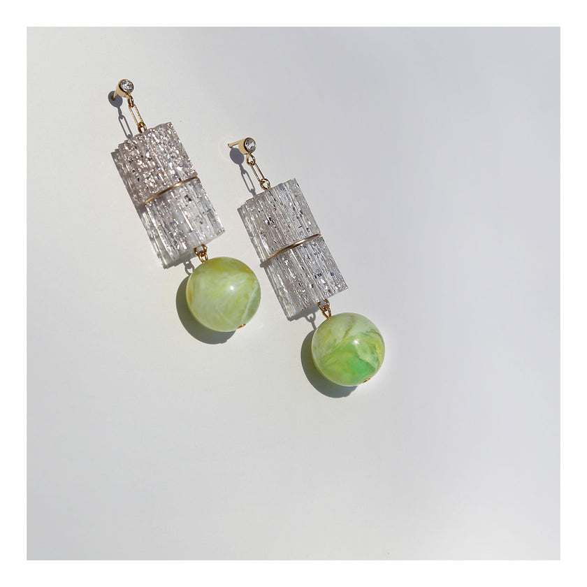 Lucite column mid century earrings with lime green orb.