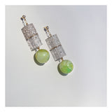 Lucite column mid century earrings with lime green orb.
