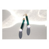 Emerald green long crystal column earrings with moonstone ball.