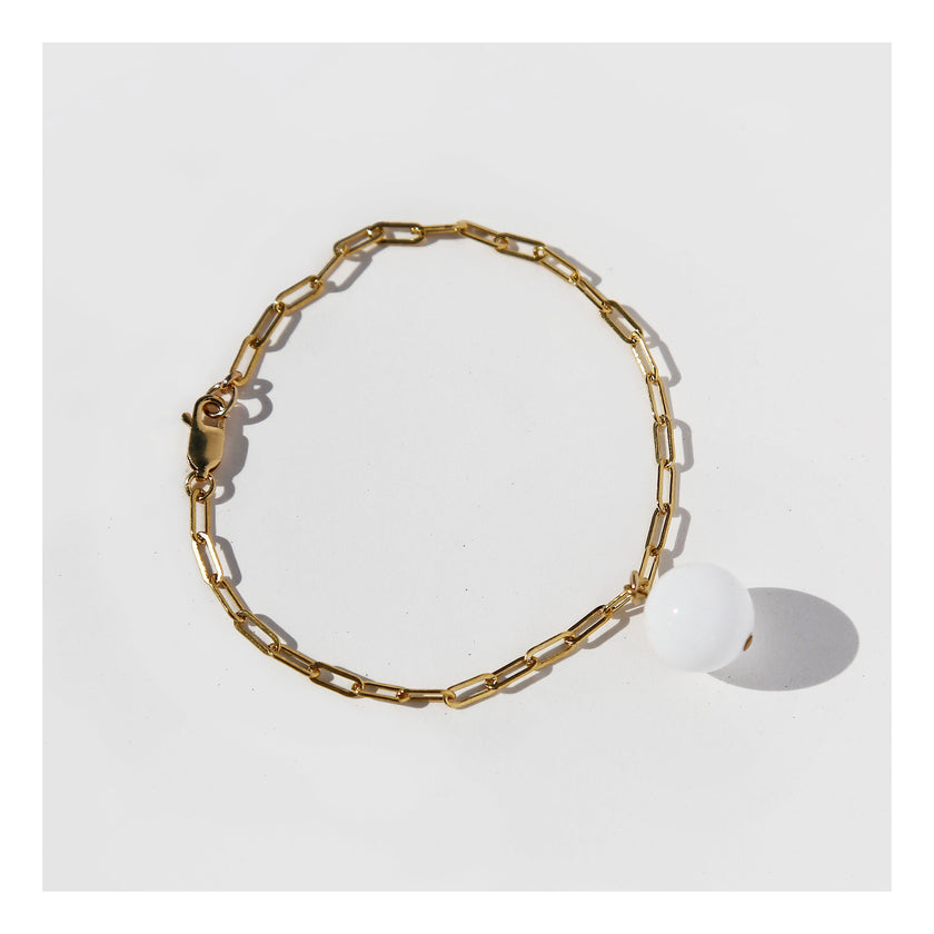 Gold paperclip chain & moonstone drop bracelet.
